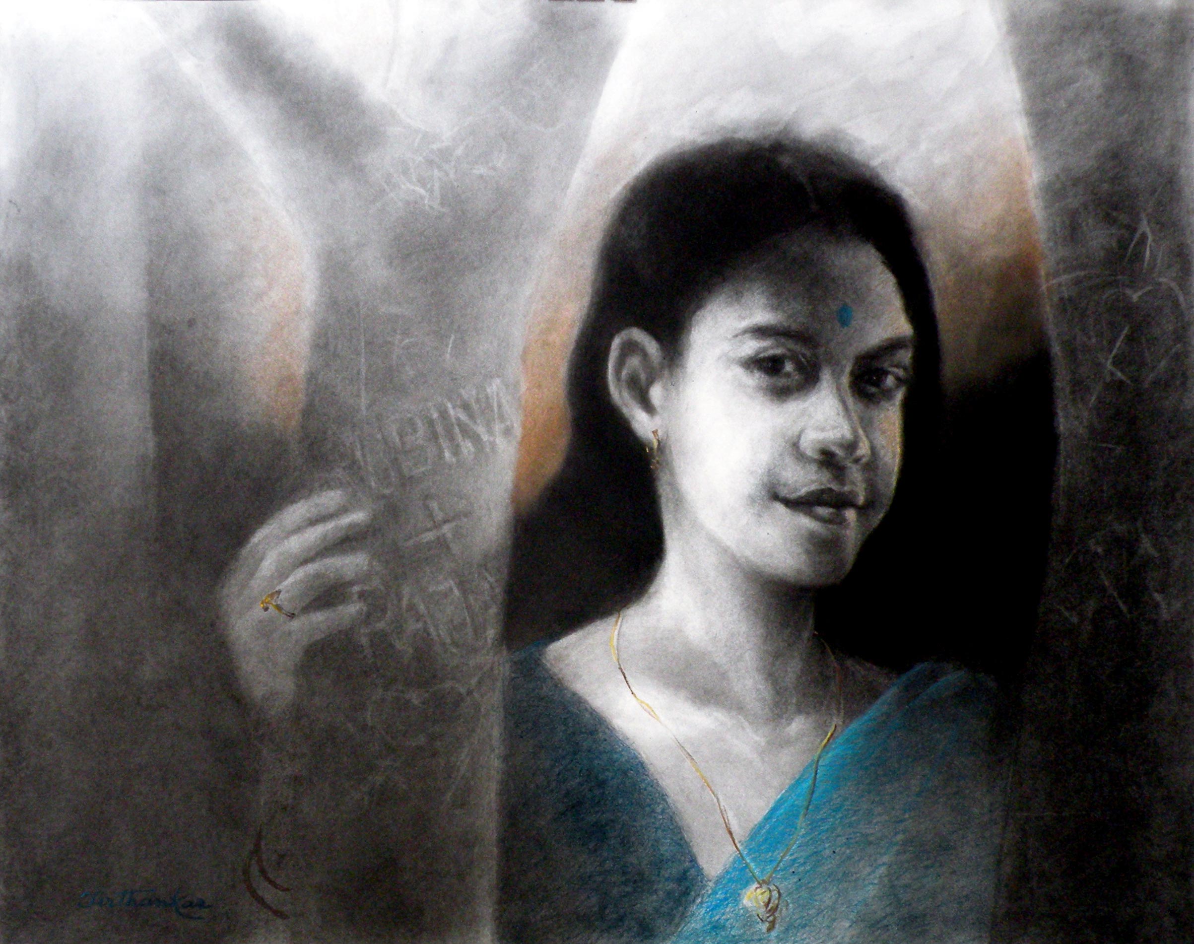 Portraiture Drawing with Soot and Conte on Paper "Waiting-3" art by Tirthankar Biswas