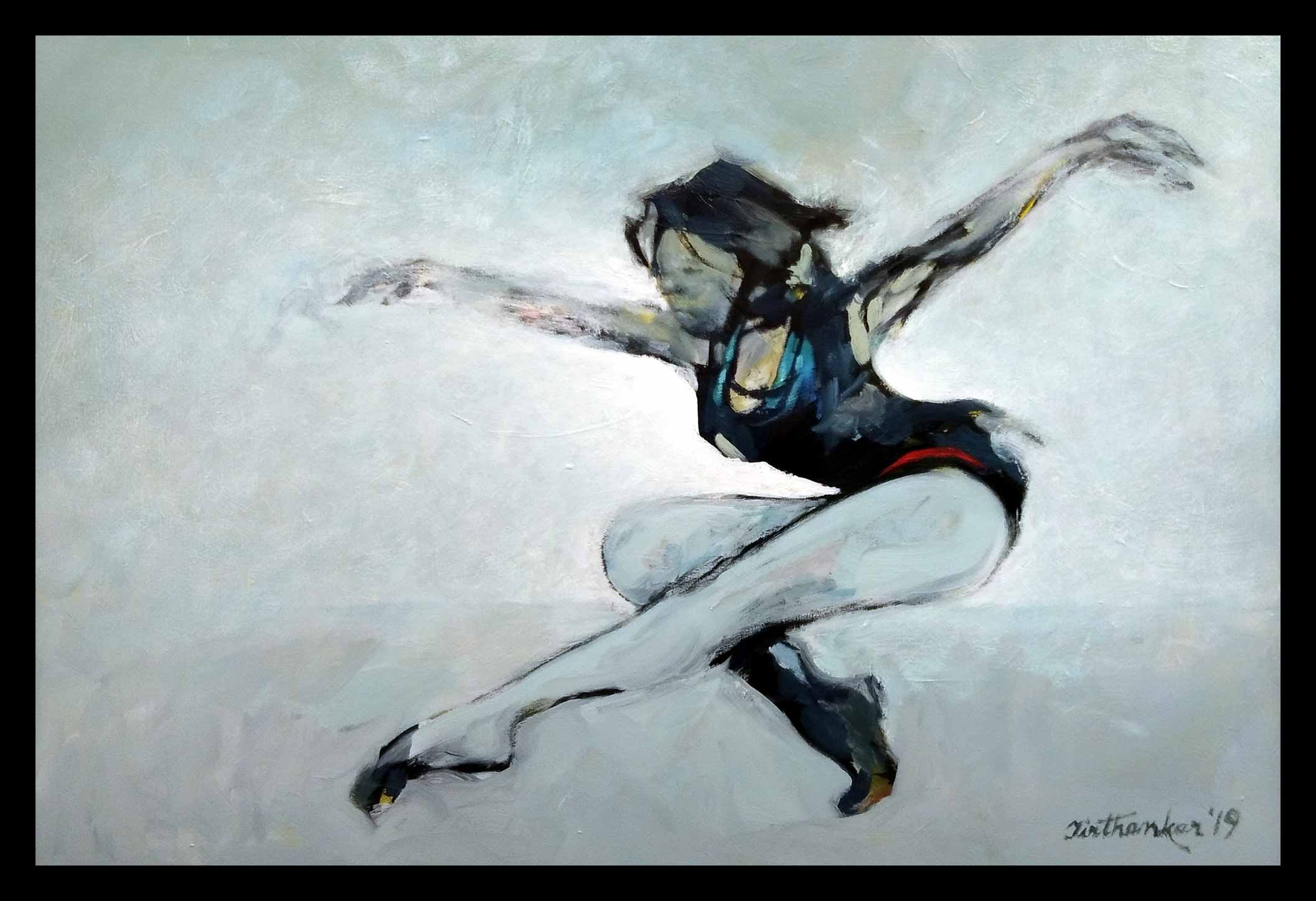 Semi Figurative Painting with Oil on Canvas "Gymnast" art by Tirthankar Biswas