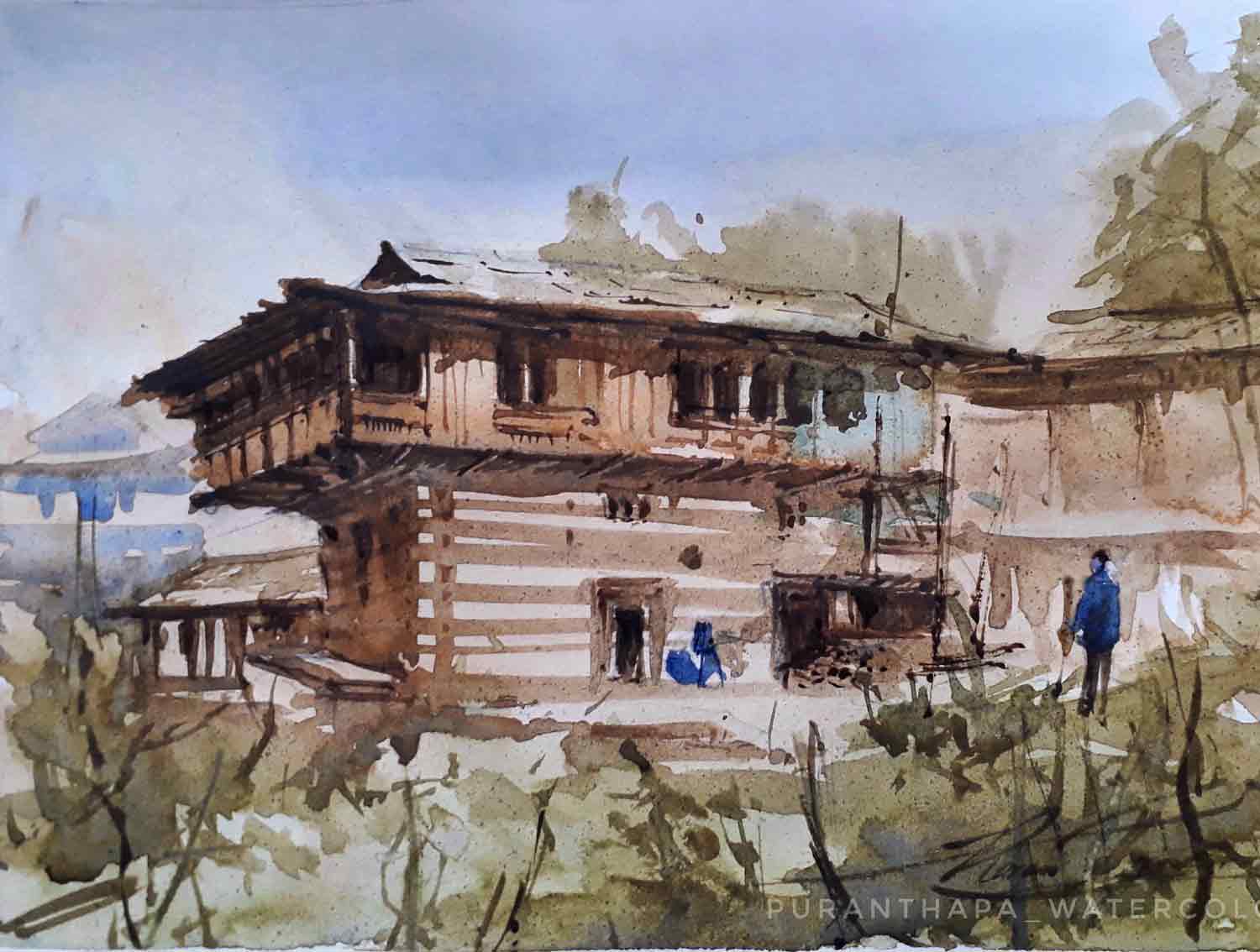 Semi Realistic Painting with Watercolor on Paper "Himachal House - 2" art by Puran Thapa