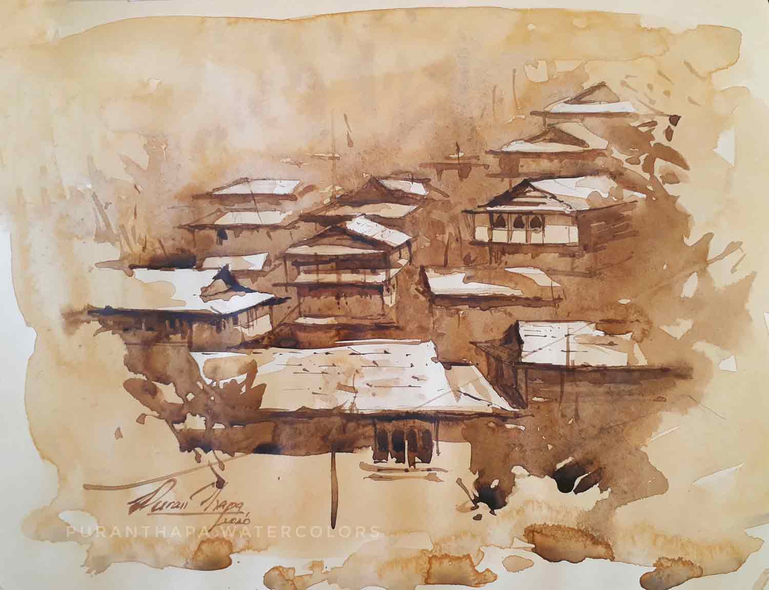 Semi Realistic Painting with Watercolor on Paper "Himachal House - 3" art by Puran Thapa