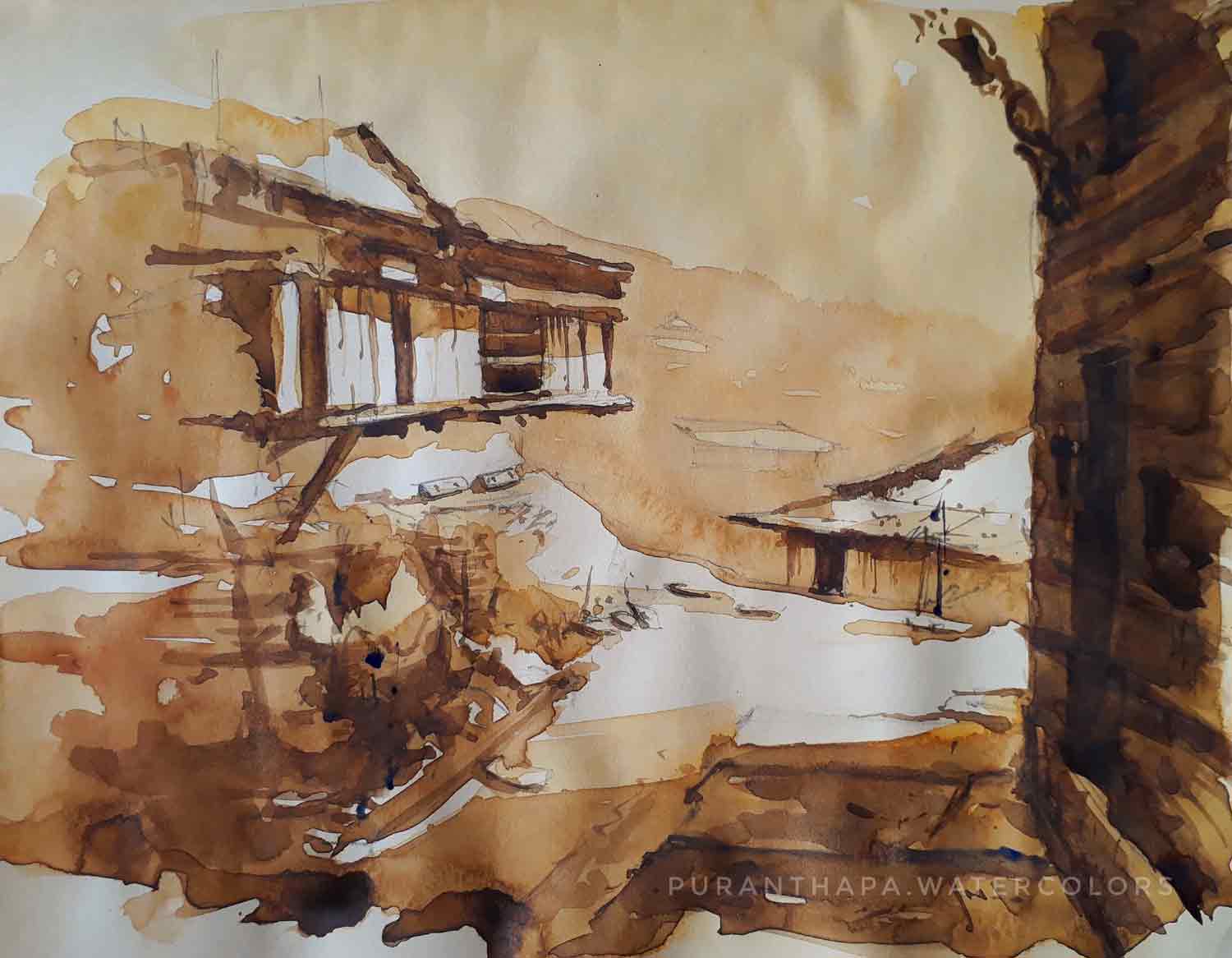 Semi Realistic Painting with Watercolor on Paper "Himachal House - 4" art by Puran Thapa