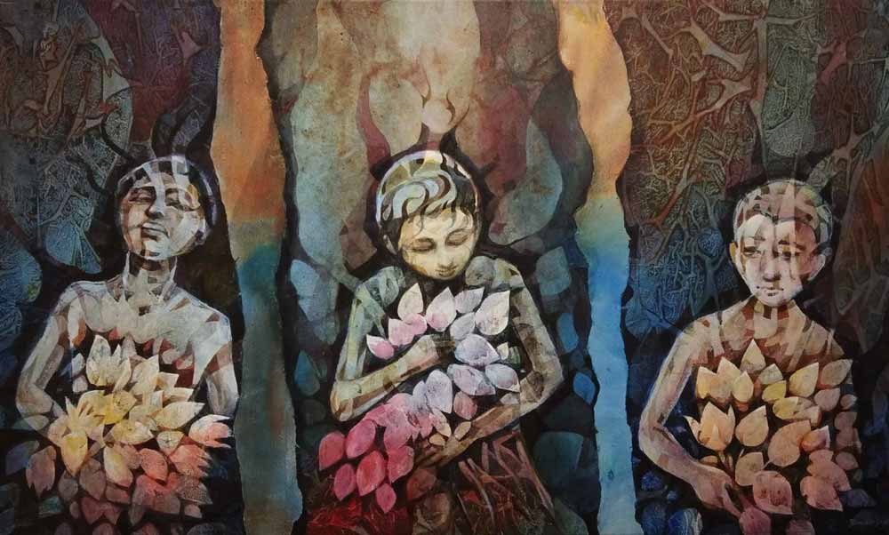 Figurative Painting with Acrylic on Canvas "Three friends" art by Bhaskar Singha
