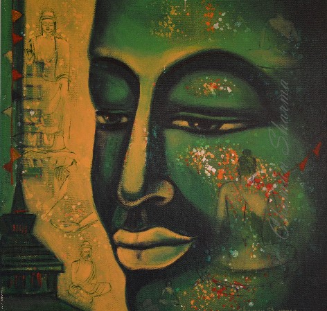 Figurative Painting with Acrylic on Canvas "Buddha-III" art by Chaman Sharma