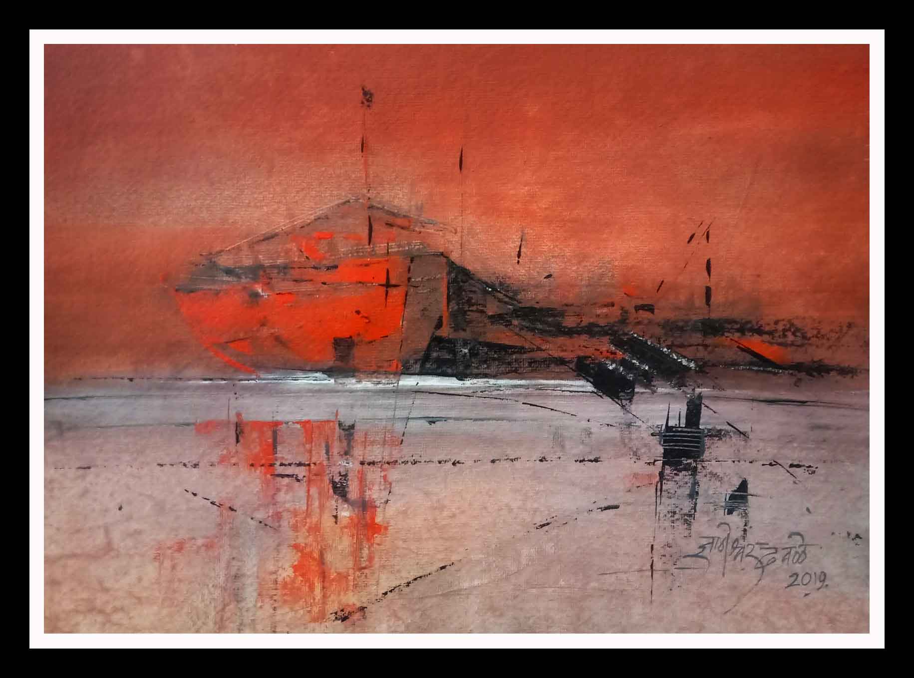 Abstract Painting with Acrylic on Paper "Ship" art by Dnyaneshwar Dhavale