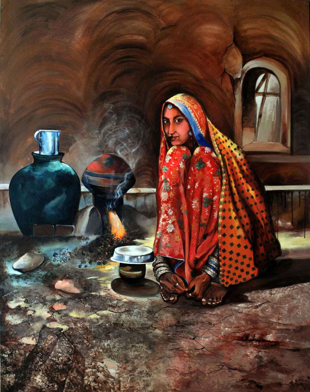Realism Painting with Acrylic on Canvas "Village Life" art by Ganga Maharana