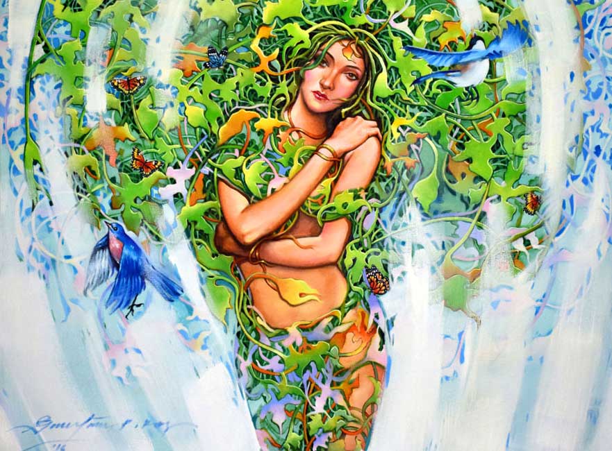 Figurative Painting with Oil on Canvas "Dreaming of Leaves" art by Gautam Partho Roy