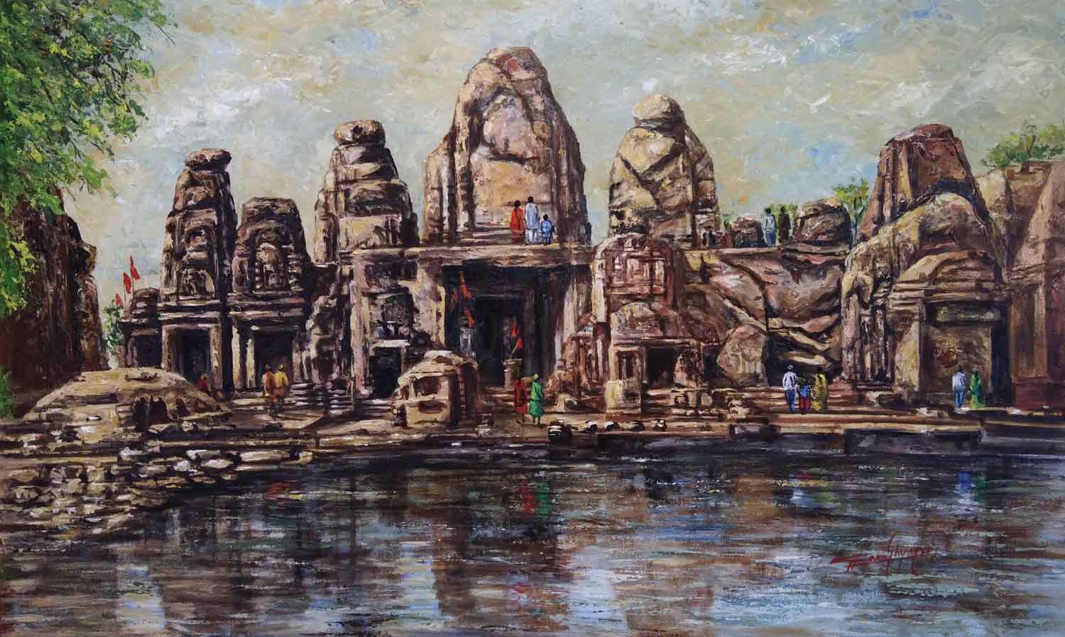 Realism Painting with Acrylic on Canvas "Masrur Temple" art by Ghanshyam Kashyap