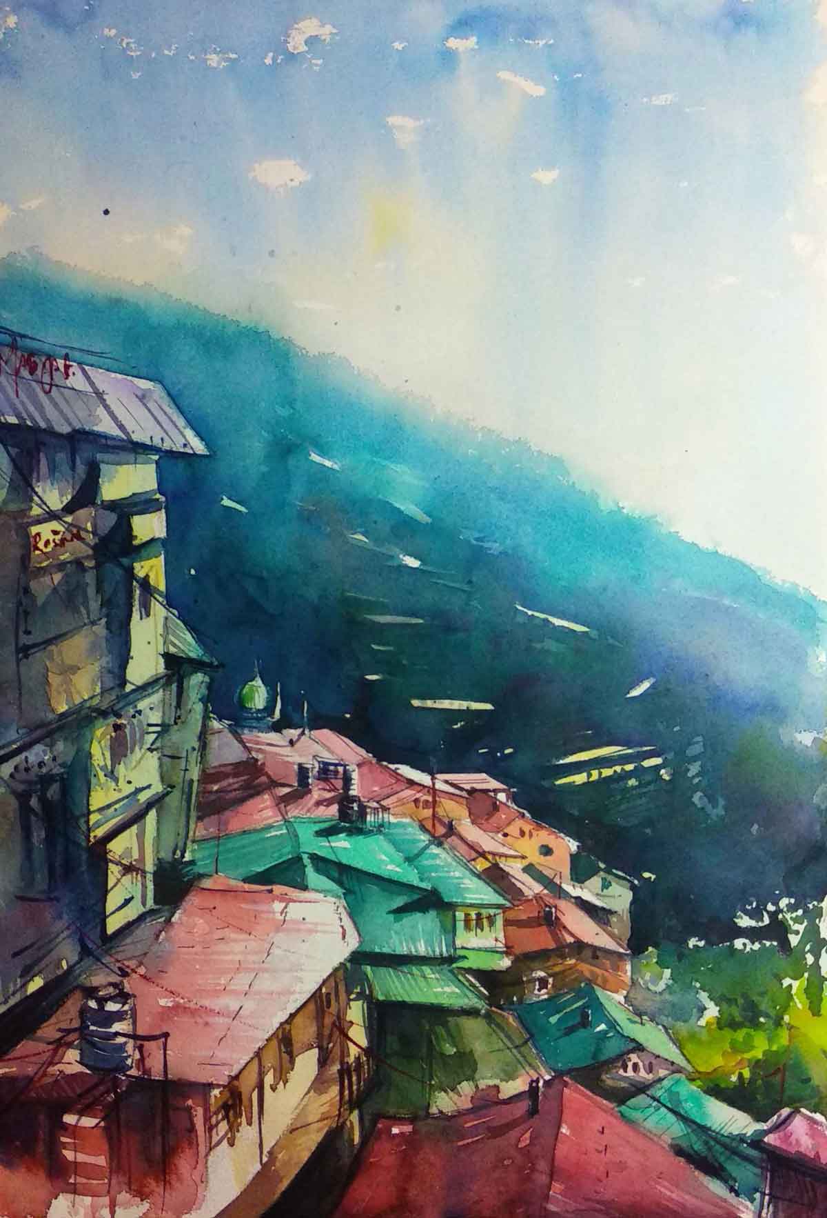 Semi Realistic Painting with Watercolor on Paper "Lower Bazar Shimla" art by Puran Thapa