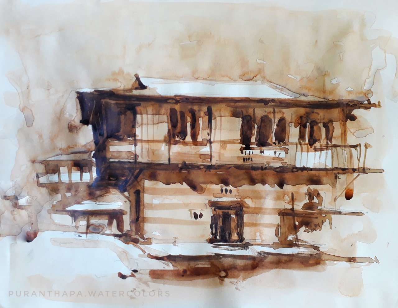 Semi Realistic Painting with Watercolor on Paper "Himachal House - 6" art by Puran Thapa