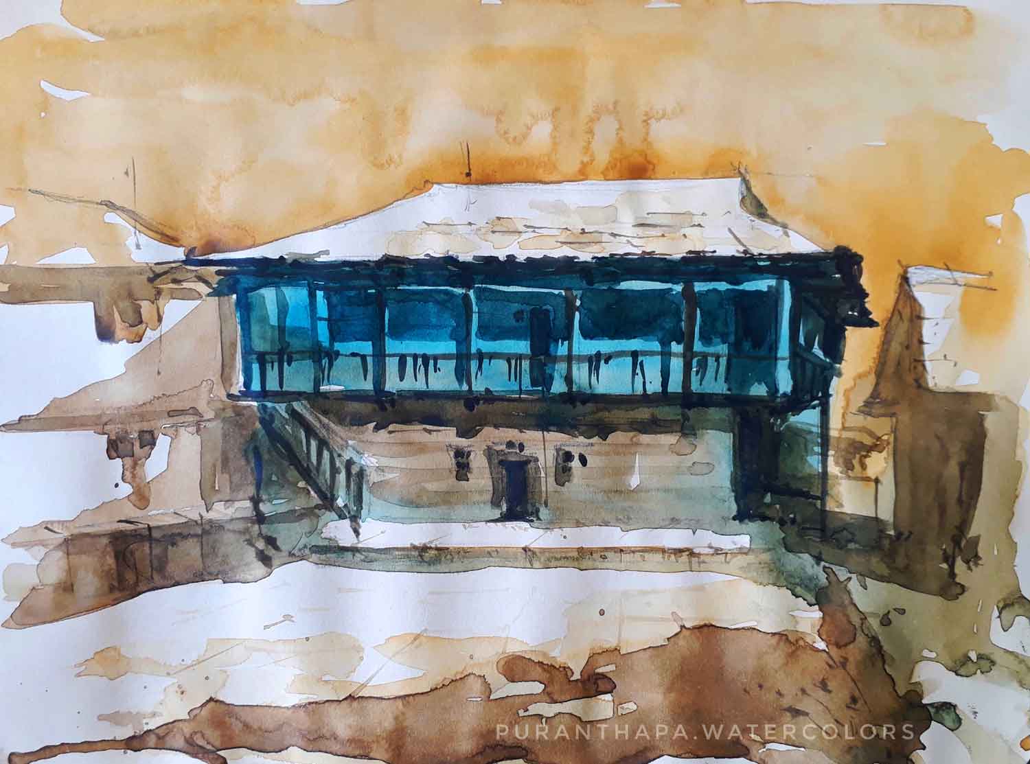 Semi Realistic Painting with Watercolor on Paper "Himachal House - 8" art by Puran Thapa