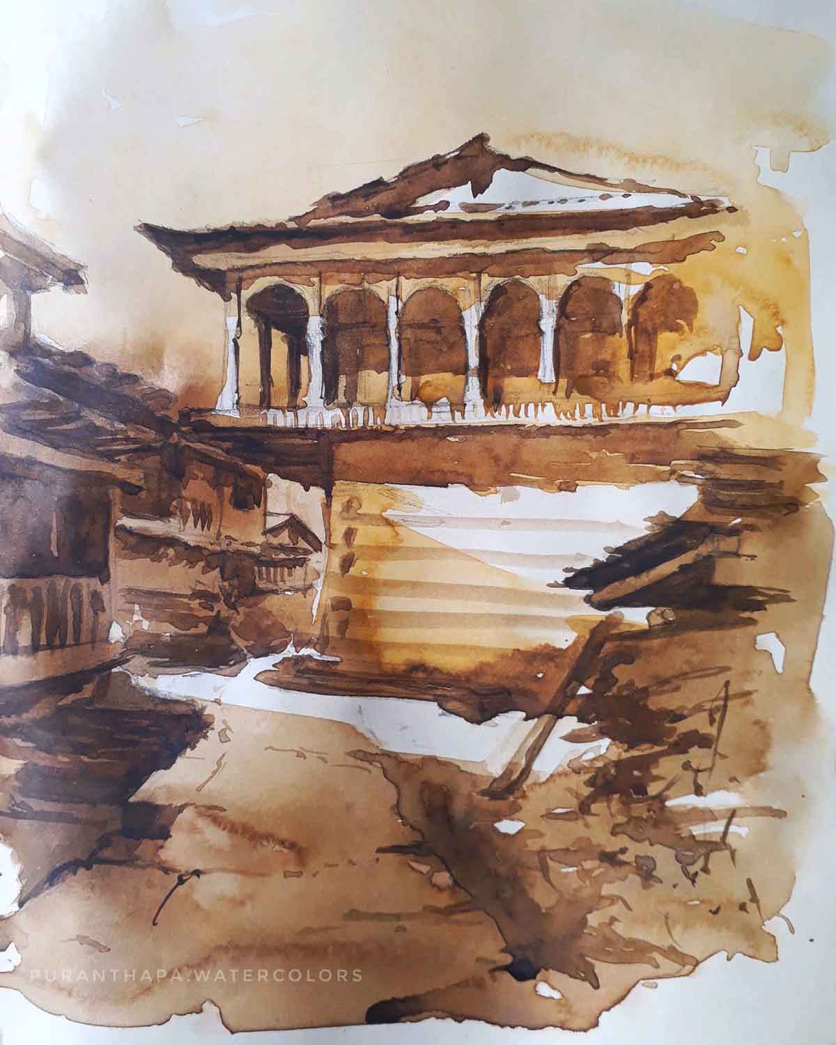 Semi Realistic Painting with Watercolor on Paper "Himachal House - 9" art by Puran Thapa