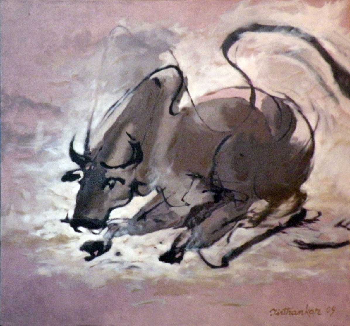 Semi Figurative Painting with Oil on Canvas "Bull" art by Tirthankar Biswas