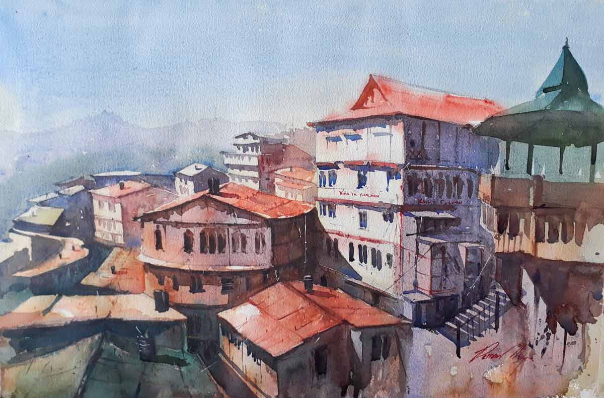 Realism Painting with Watercolor on Paper "Shimla" art by Puran Thapa