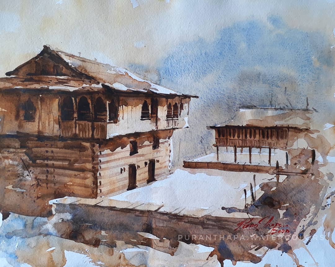 Realism Painting with Watercolor on Paper "Traditional Houses of Himalayas" art by Puran Thapa