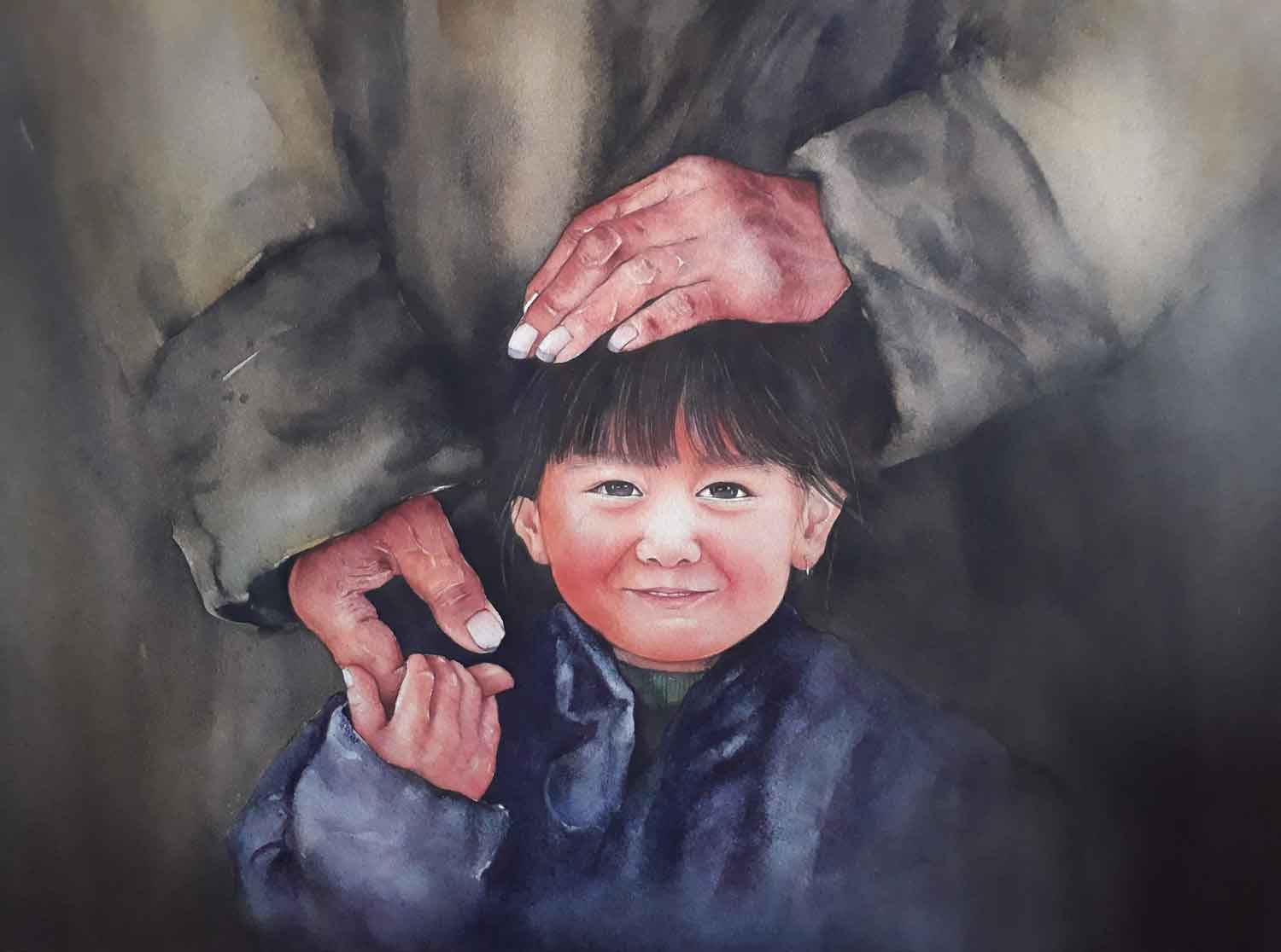 Realism Painting with Watercolor on Paper "Blessing" art by Jamuna Gurung