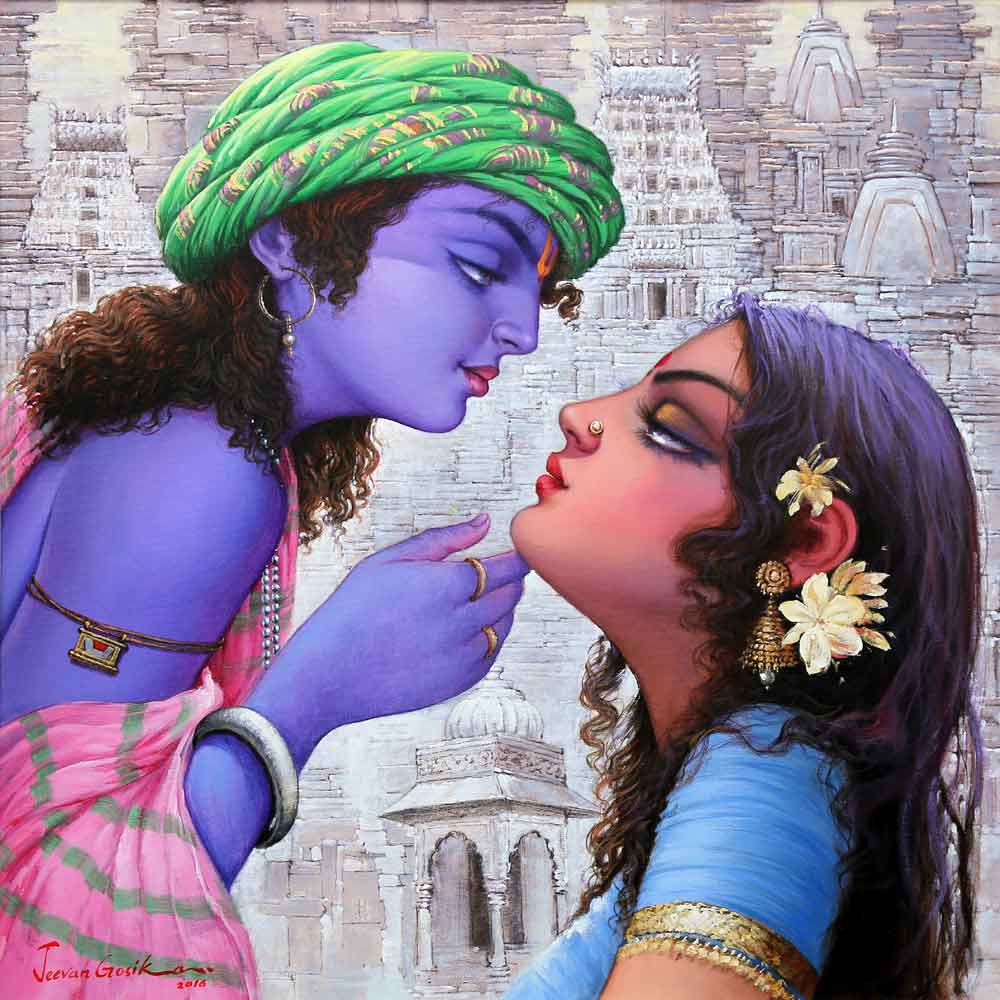 Realism Painting with Acrylic on Canvas "Radha-Krishna-1" art by Jeevan Gosika