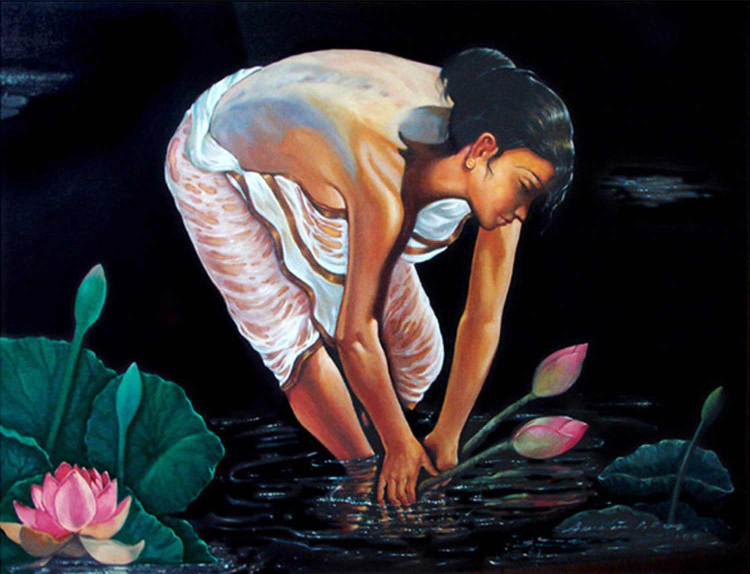 Figurative Painting with Oil on Canvas "Lotus Bathing" art by Gautam Partho Roy
