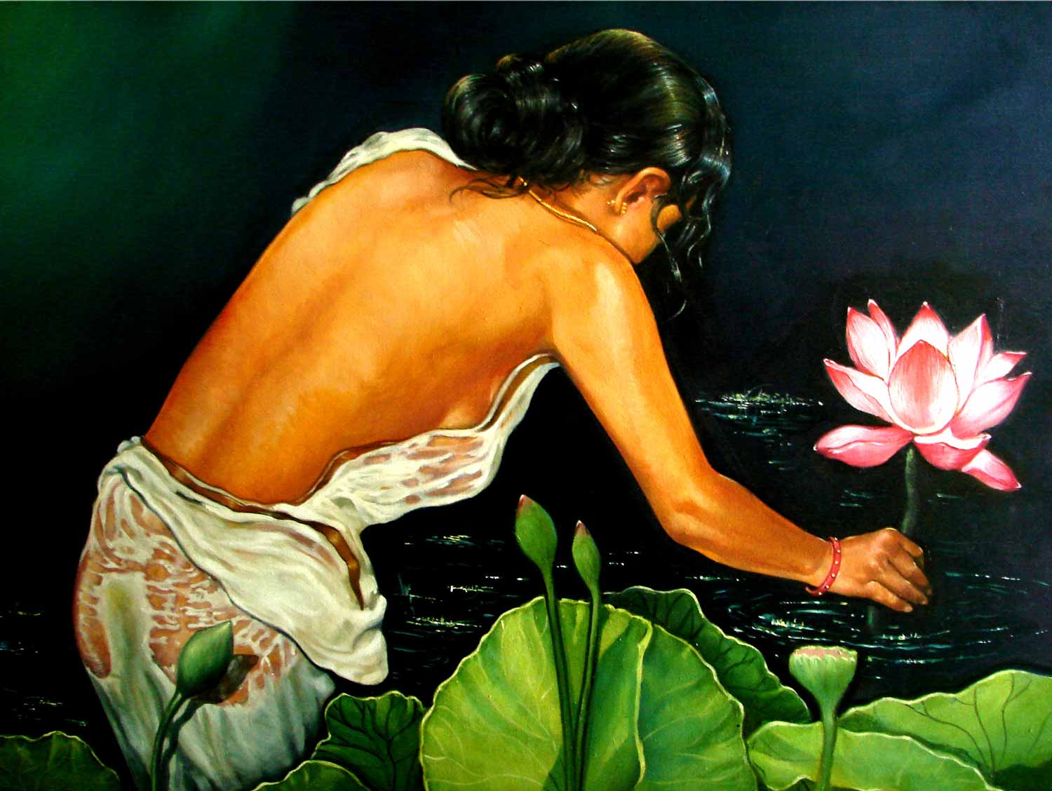 Figurative Painting with Oil on Canvas "Holy Touch" art by Gautam Partho Roy