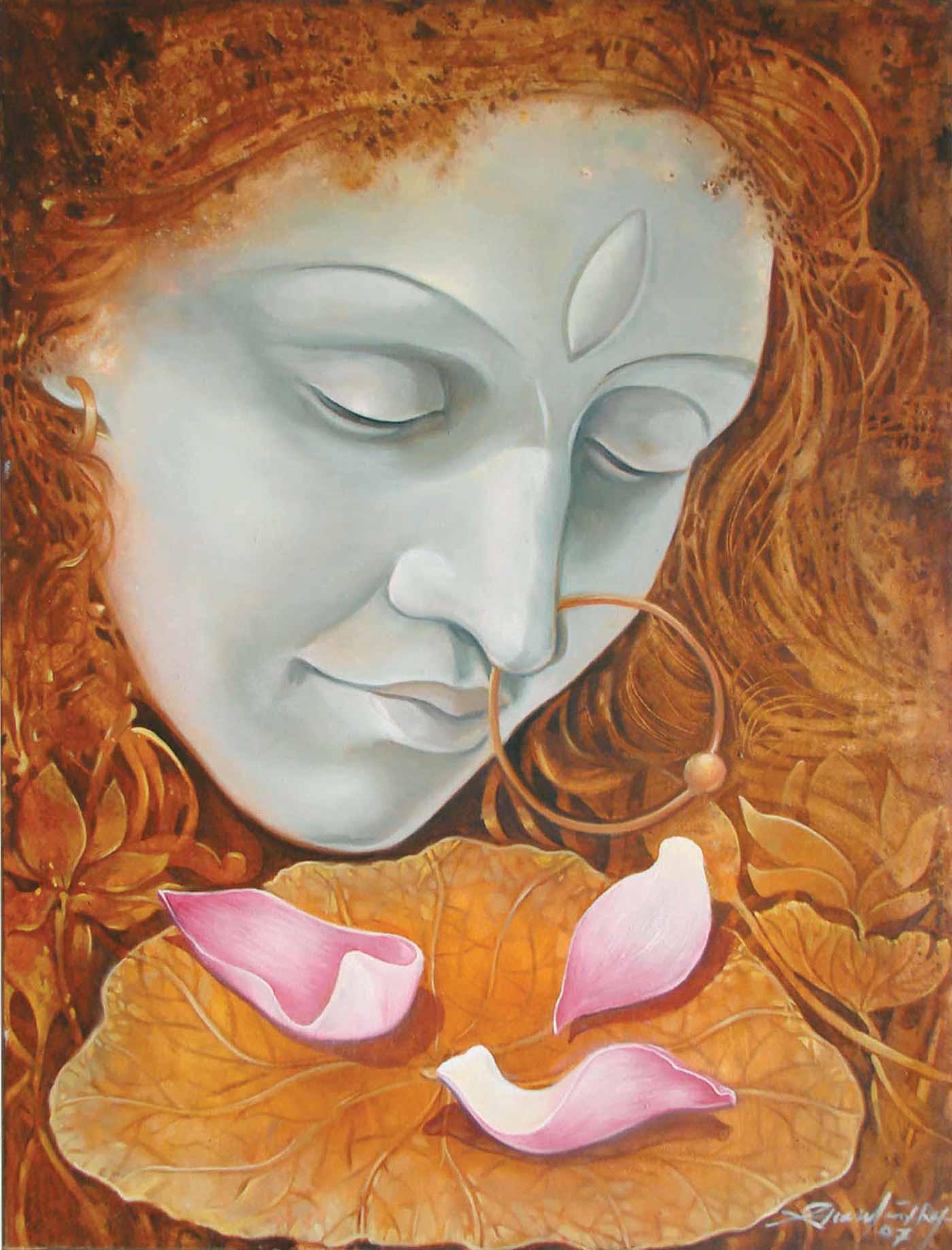 Figurative Painting with Oil on Canvas "Morning Prayer" art by Gautam Partho Roy