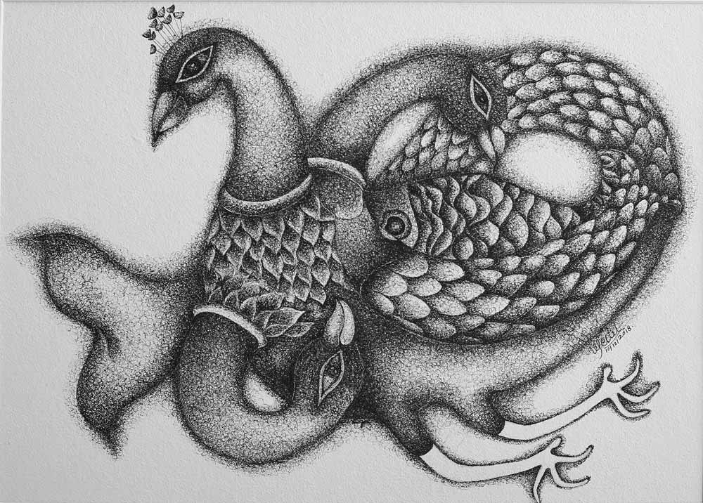 Surrealism Drawing with Pen on Fabriano "Magical Strength (Trini Mayura)" art by Vrushali Patil