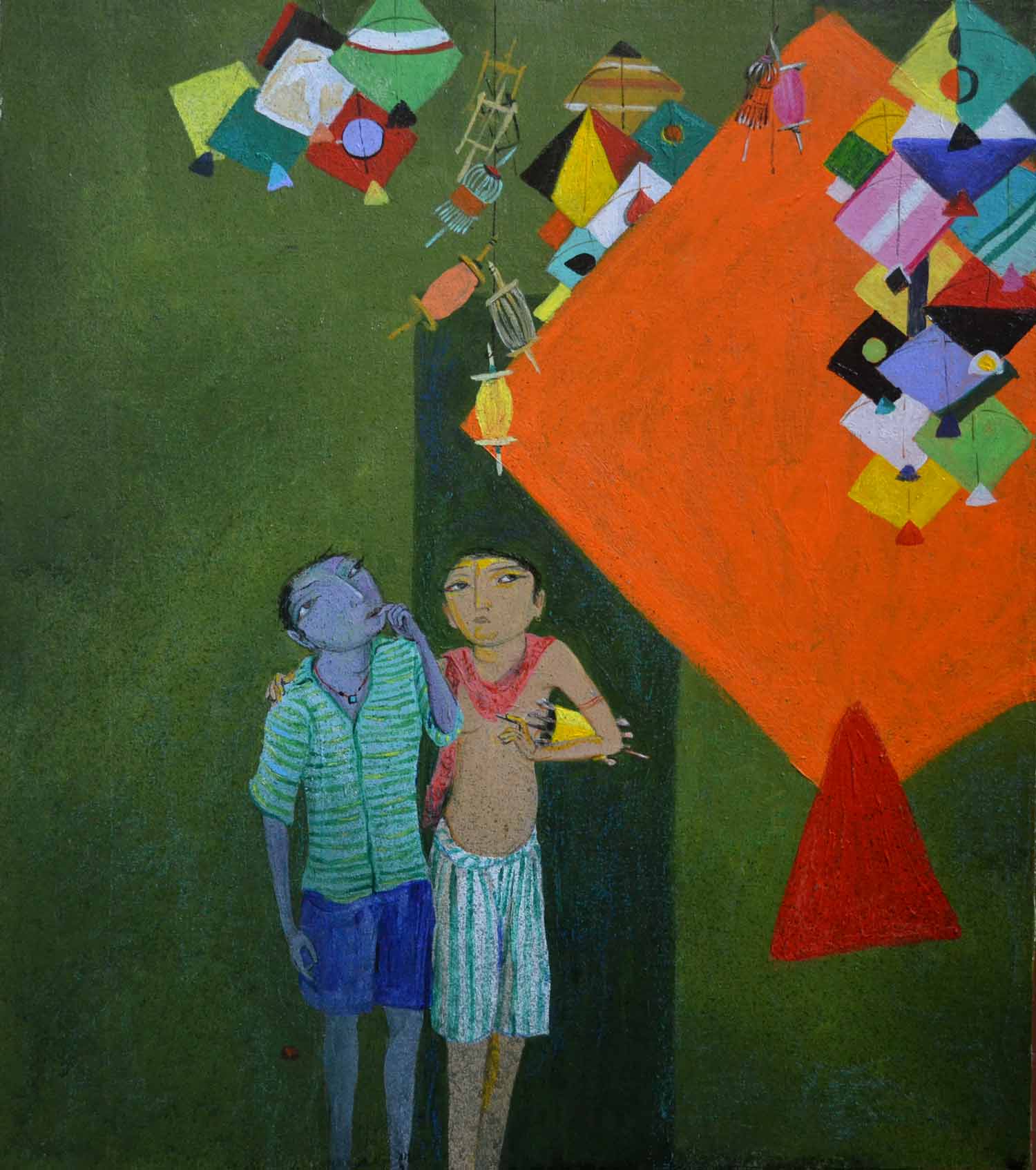 Figurative Painting with Acrylic on Canvas Board "Kiteshop" art by Jyoti Prasad Mallick
