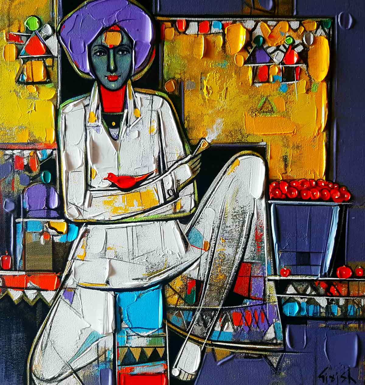 Figurative Painting with Acrylic on Canvas "Fruit Seller" art by Girish Adannavar 