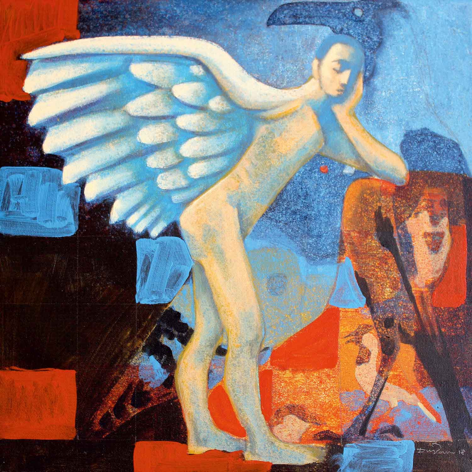 Figurative Painting with Acrylic on Canvas "Dream of Wings" art by Dnyaneshwar Arun Parbhane