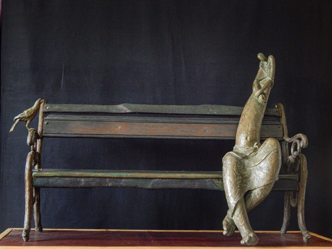 Figurative Sculpture with Bronze"Alone" art by Prabir Roy