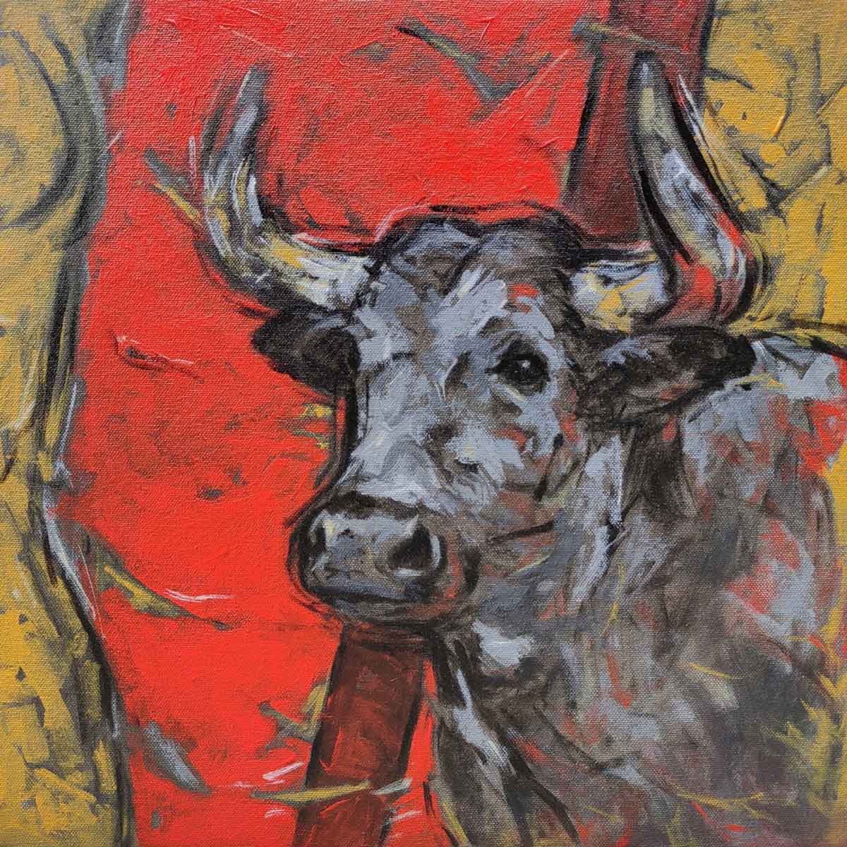 Figurative Painting with Acrylic on Canvas "Bull" art by Santoshkumar Patil