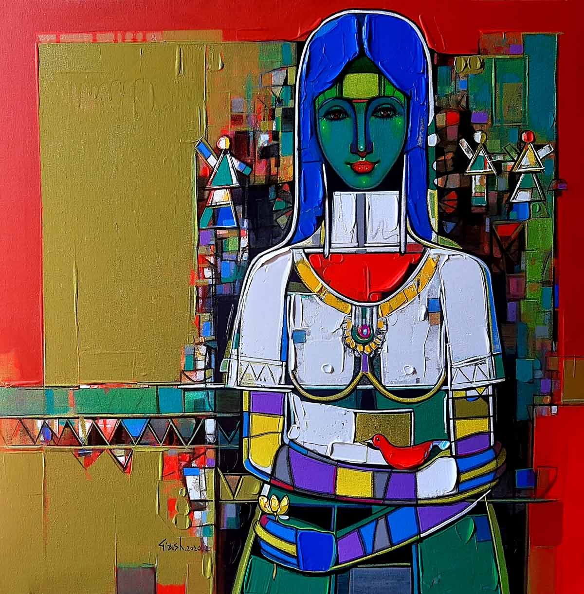 Figurative Painting with Acrylic on Canvas "Indian Woman-2" art by Girish Adannavar 