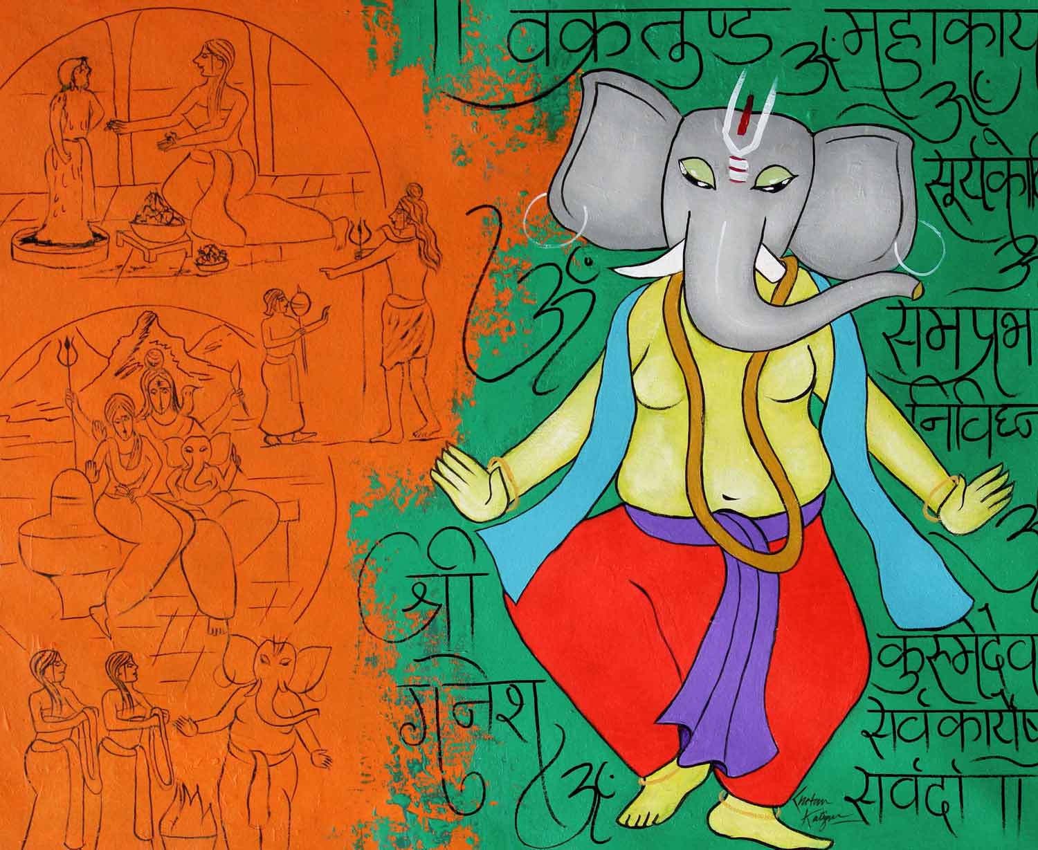 Figurative Painting with Acrylic on Canvas "Story of Ganesha" art by Chetan Katigar