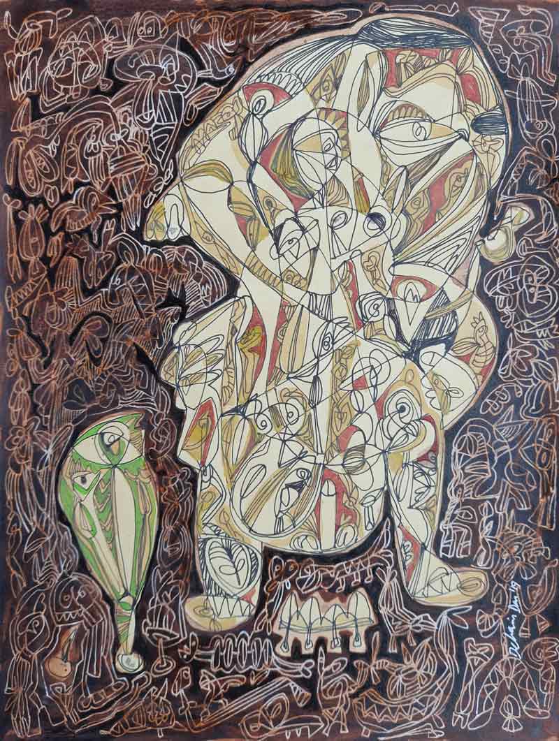 Contemporary Drawing with Mixed Media on Paper "Childhood Memories" art by Debasis Das