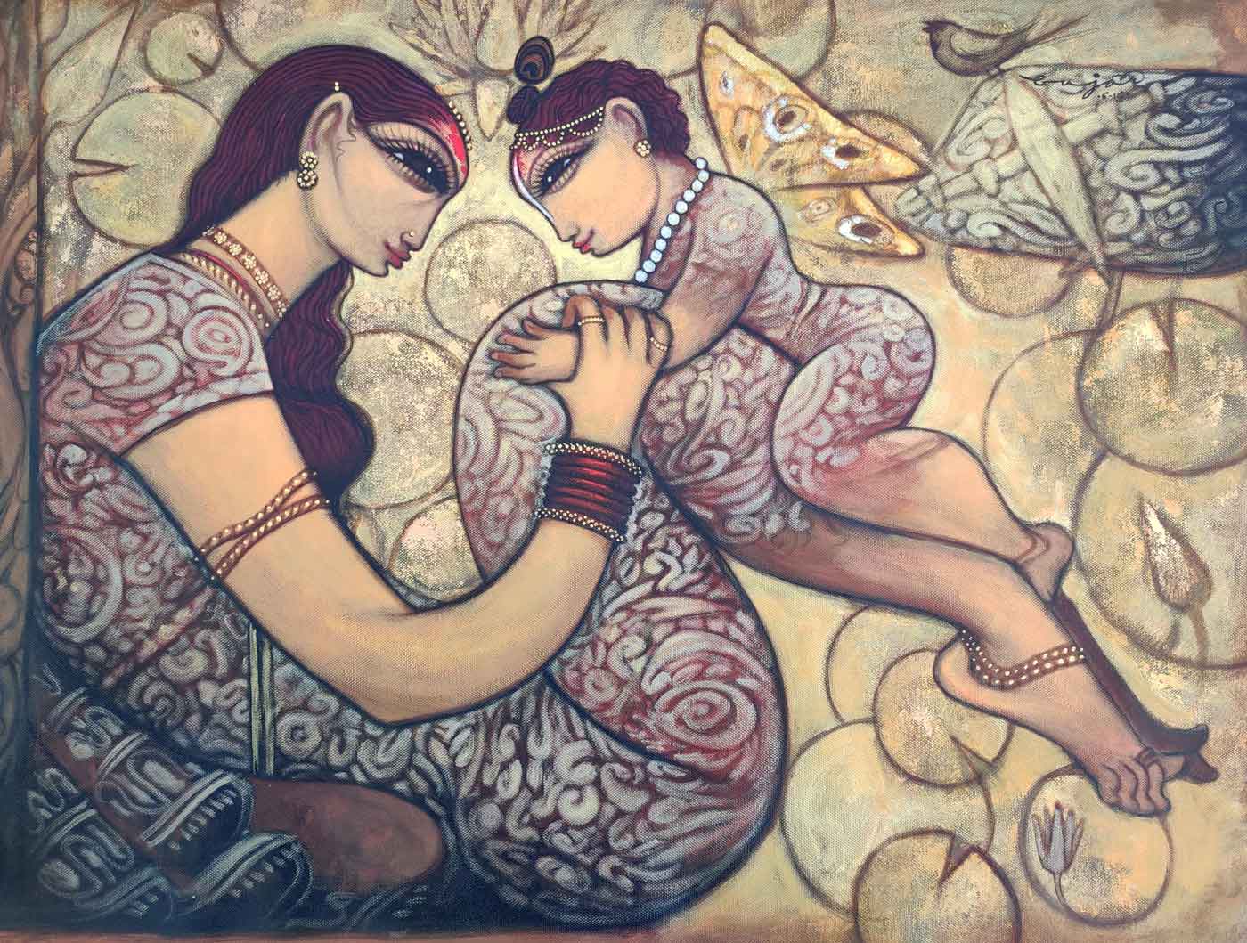 Figurative Painting with Acrylic on Canvas "Mother and Child-7" art by Ramesh P Gujar