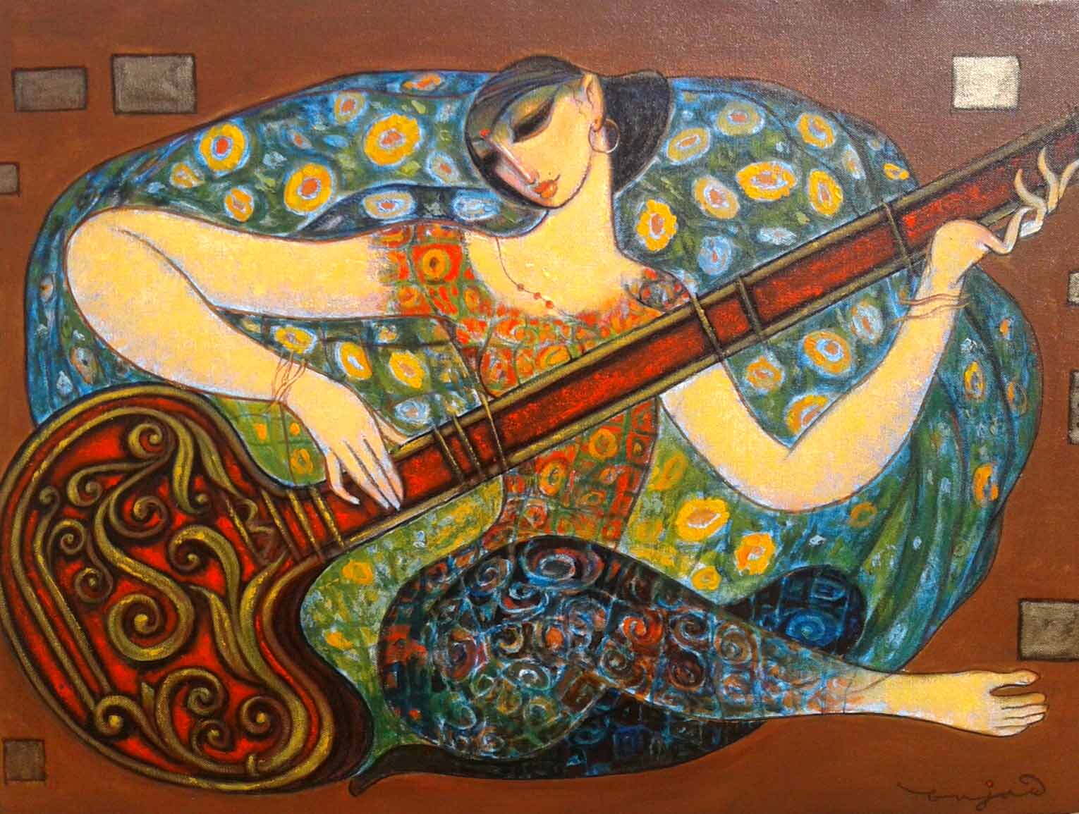 Figurative Painting with Acrylic on Canvas "Sitar-14" art by Ramesh P Gujar