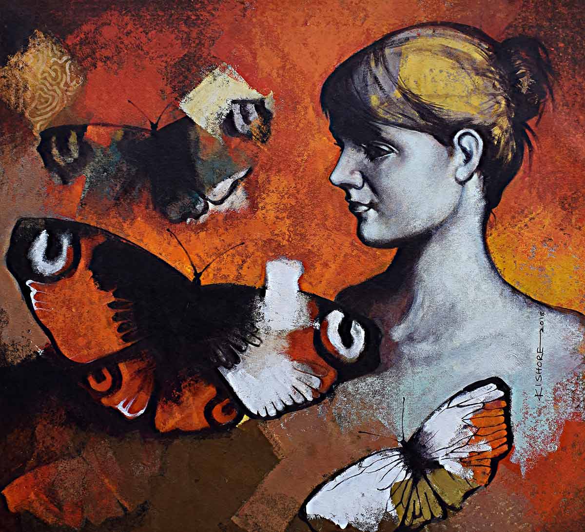 Figurative Painting with Acrylic on Canvas "Freedom of Beauty-1" art by Kishore Pratim Biswas