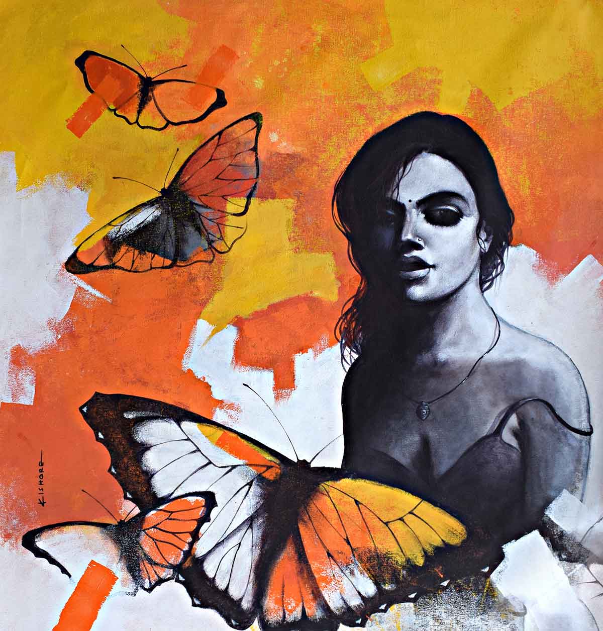 Figurative Painting with Acrylic on Canvas "Freedom of Beauty-16" art by Kishore Pratim Biswas