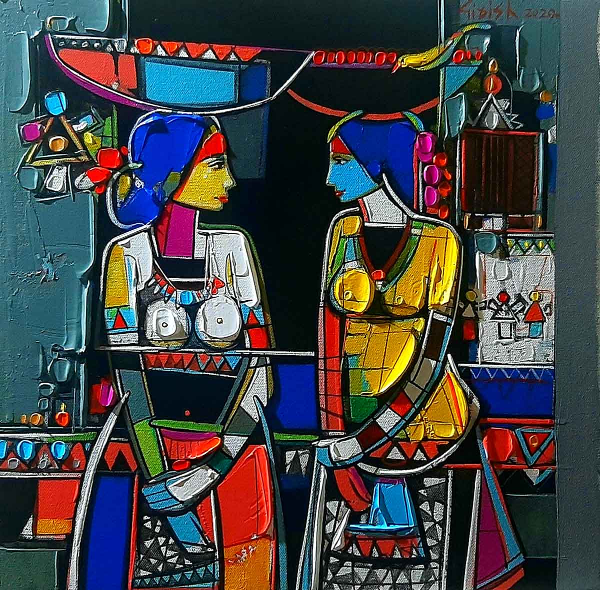 Figurative Painting with Acrylic on Canvas "Two Sisters-2" art by Girish Adannavar 
