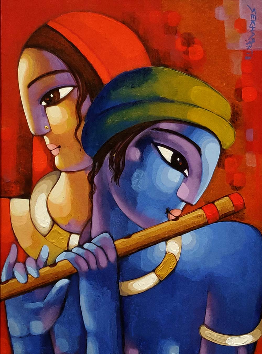 Figurative Painting with Acrylic on Canvas "Radha-Krishna-3" art by Sekhar Roy