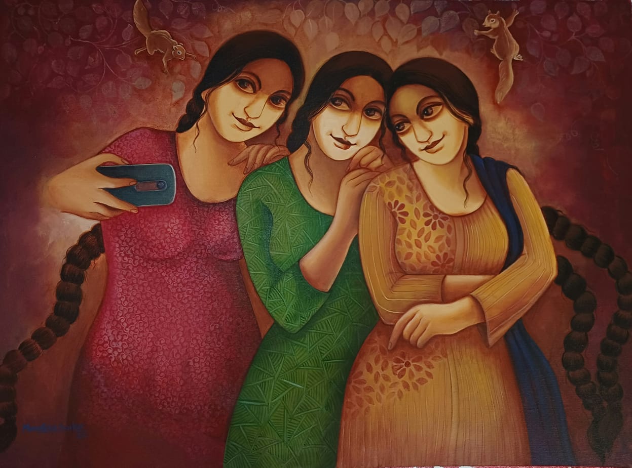 Figurative Painting with Acrylic on Canvas "Selfie" art by Monalisa Sarkar Mitra