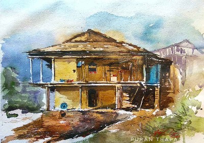 traditional-himachali-house-watercolor-painting-on-paper-puran-thapa-IG573
