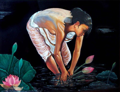 Lotus-Bathing-Oil-Painting-by-Gautam-Partho-Roy-IG1280-IndiGalleria