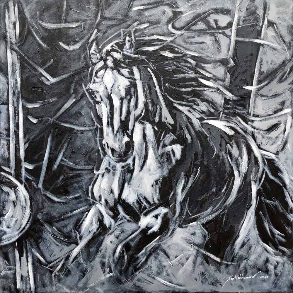 Semi Figurative Painting with Acrylic on Canvas "Horse-8" art by Santoshkumar Patil