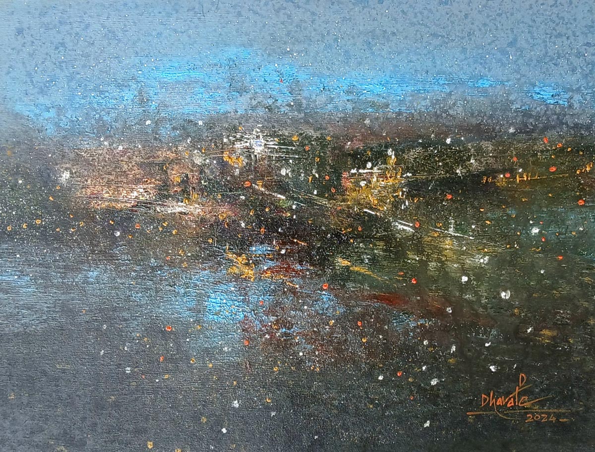 Abstract Painting with Acrylic on Canvas "Midnight Guwahati" art by Dnyaneshwar Dhavale