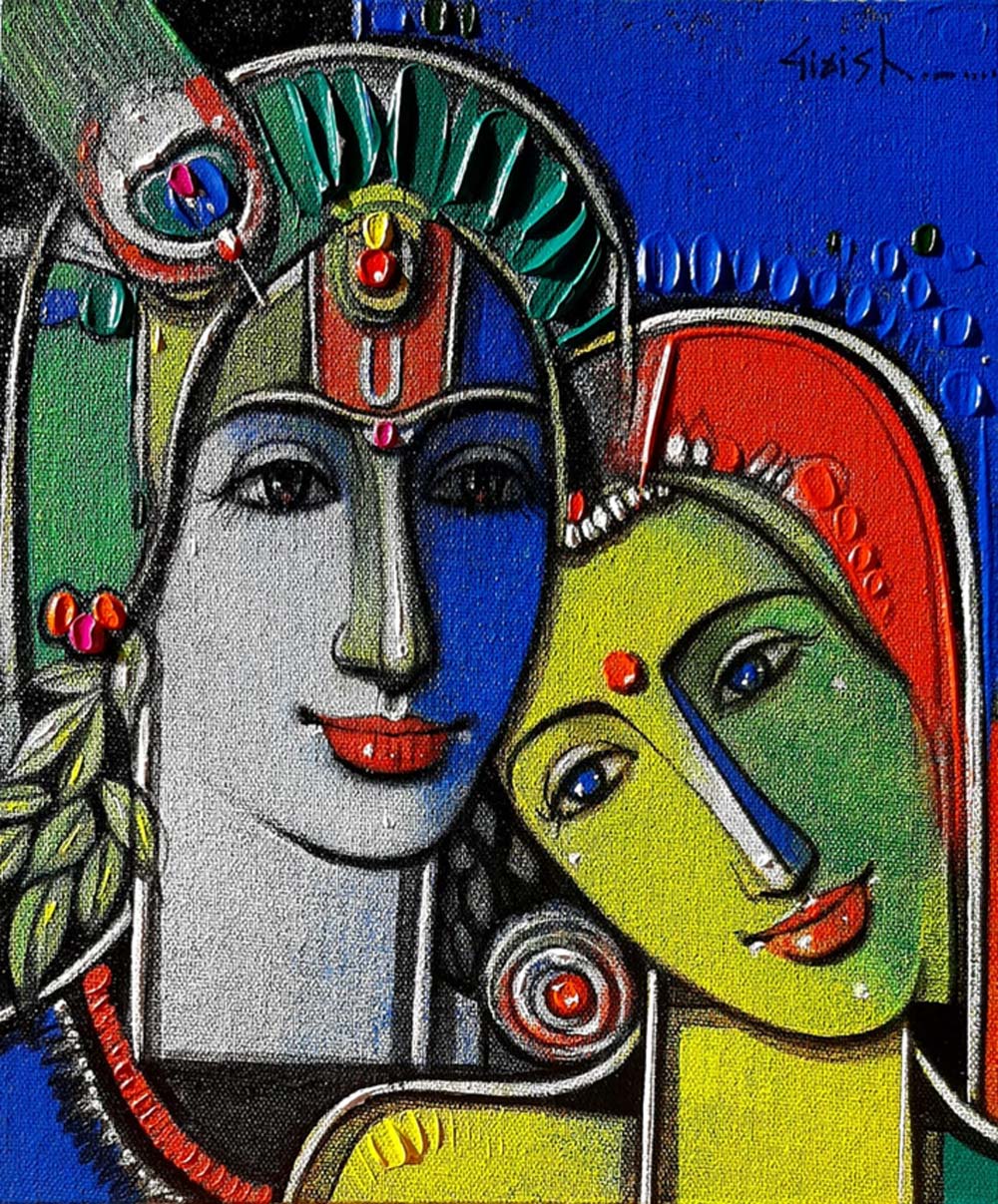 Figurative Painting with Acrylic on Canvas "Radha-Krishna" art by Girish Adannavar 