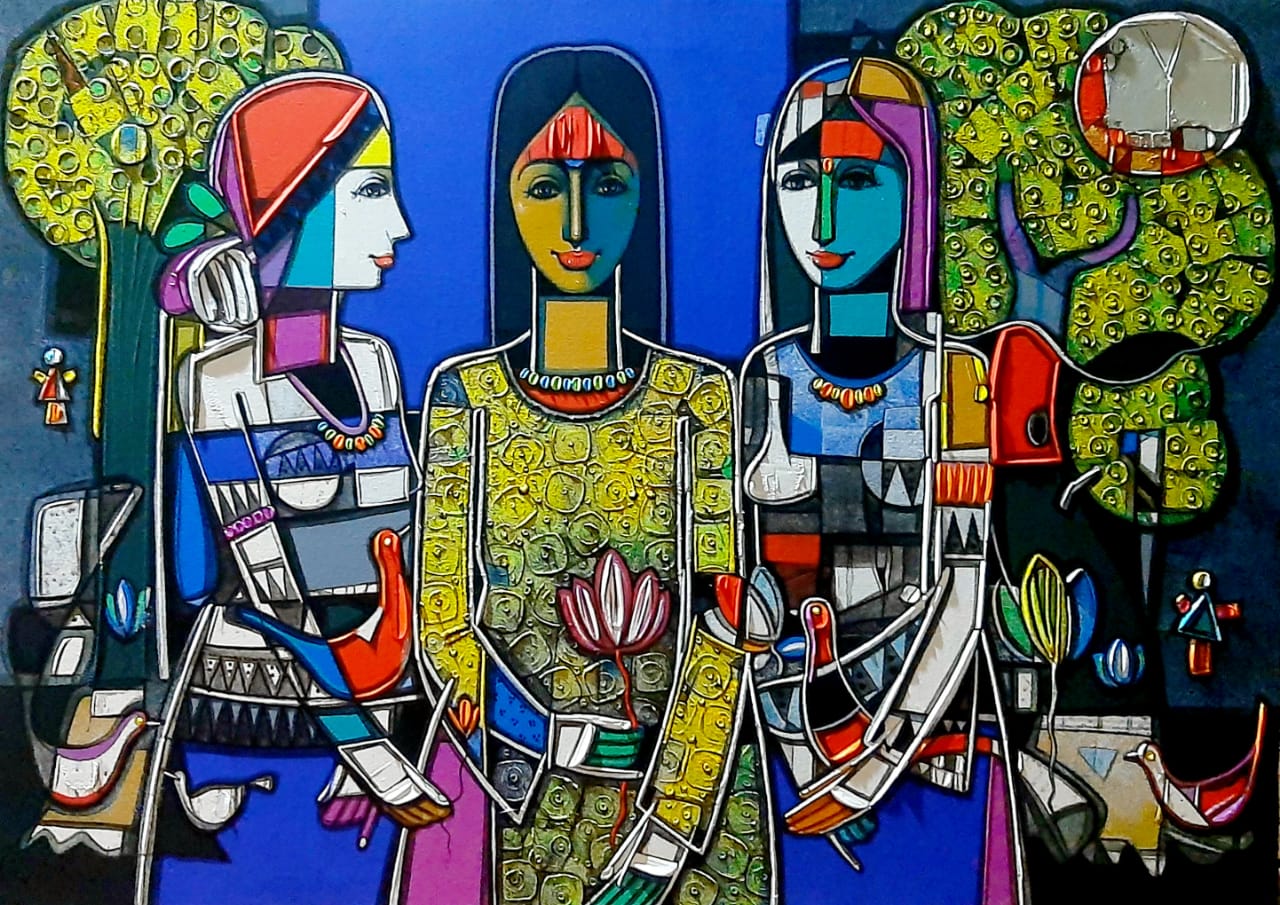 Figurative Painting with Acrylic on Canvas "Garden Place (1953)" art by Girish Adannavar 