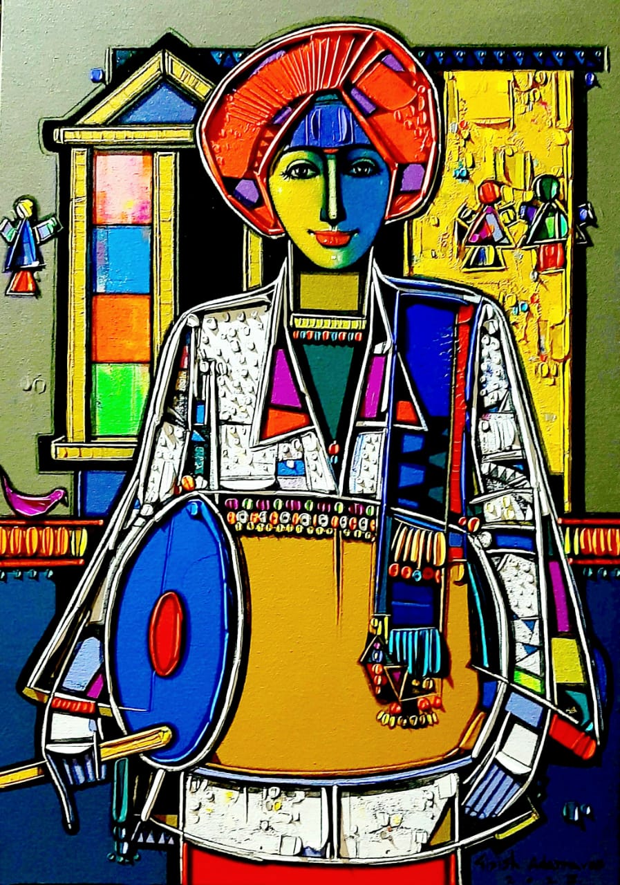 Figurative Painting with Acrylic on Canvas "Drummer-2" art by Girish Adannavar 