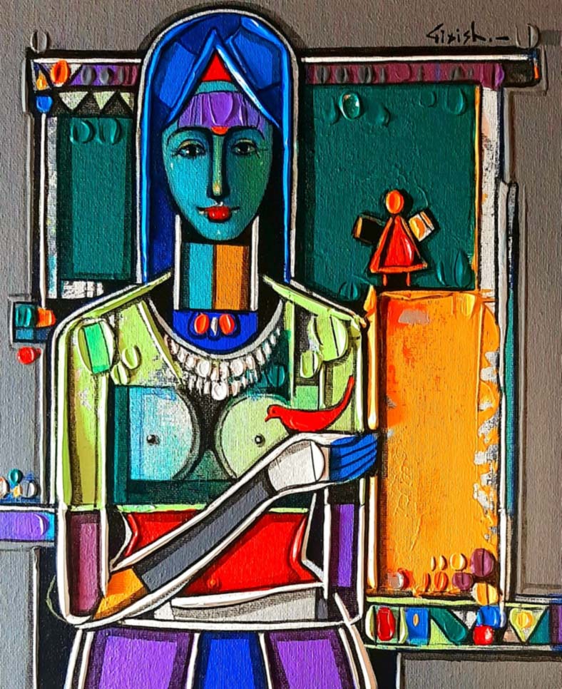 Figurative Painting with Acrylic on Canvas "Indian Woman" art by Girish Adannavar 