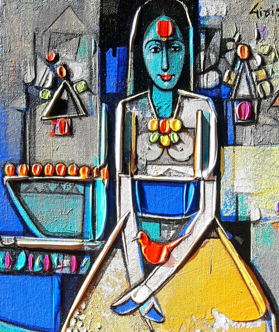 Figurative Painting with Acrylic on Canvas Board "Lady with Bird-1527" art by Girish Adannavar 