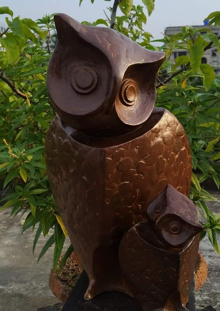 Figurative Sculpture with Bronze"Owl-Mother-and-Child" art by Debjyoti Purakayastha