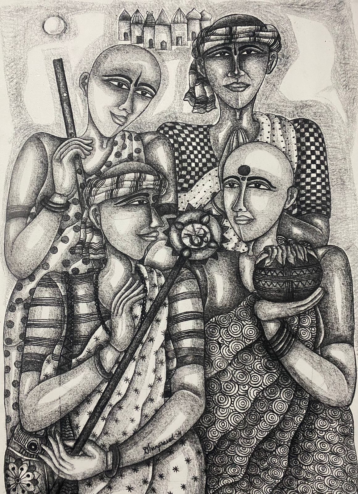 Figurative Drawing with Charcoal on Canvas "Back from Darshan-1385" art by Dhan Prasad